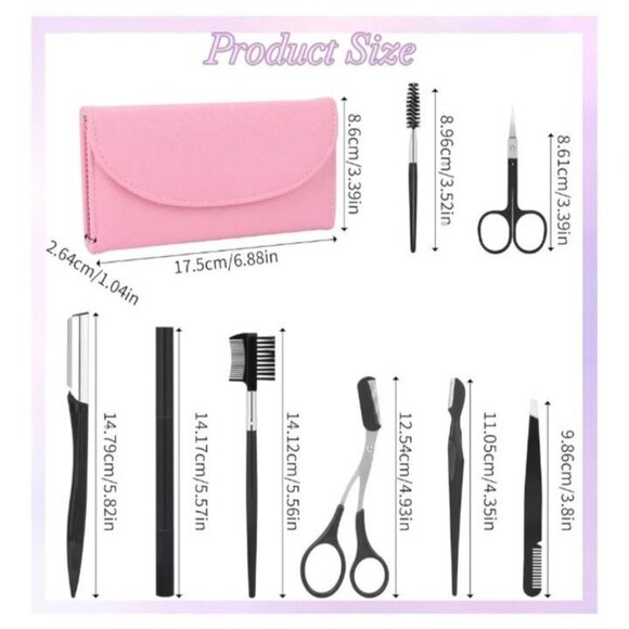 Professional Eyebrow Shaping Kit 8-Pc Set w Pink Leather Bag, Razor, Scissors - Picture 2 of 7